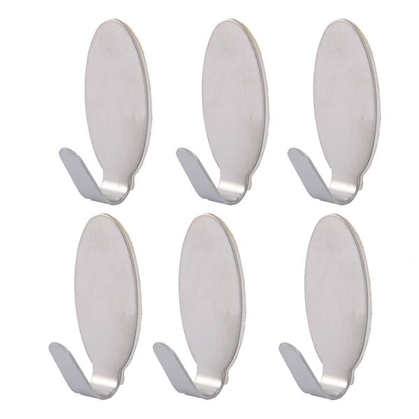 Stainless Steel Oval Shaped Self Adhesive Wall Hooks Hanger 6pcs - Silver - 1.4" x 0.6" x 0.6"(L*W*T). Opens flyout.