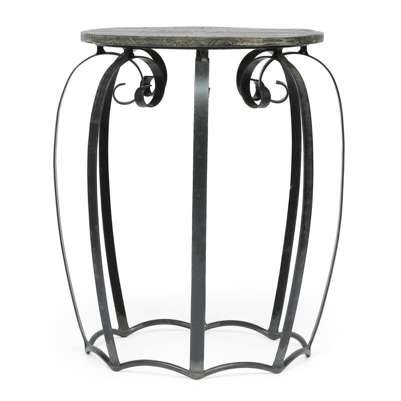 Side End Table, Gray Iron Frame, Round Brown Mango Wood Top, 21 Inch