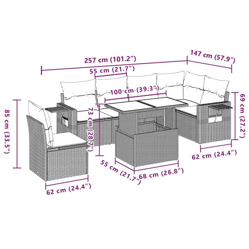 vidaXL 7 Piece Patio Sofa Set with Cushions Black Poly Rattan - 24.4 x 24.4 x 27.2