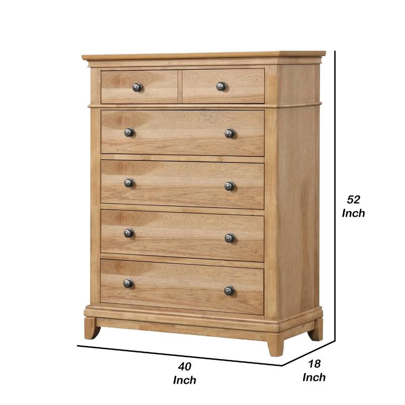 Lexa Tall Dresser Chest, 5 Drawers, Natural Oak Brown Wood, Pewter Metal