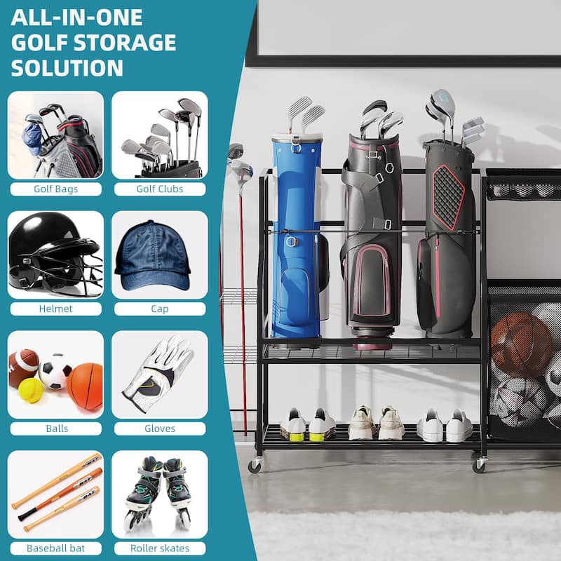 Moasis 3 Golf Bags Storage Stand,Sports Equipment Organizer with Wheels