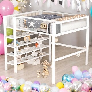 Full Size Metal Loft Bed with 4-Tier Shelves and Storage for Home