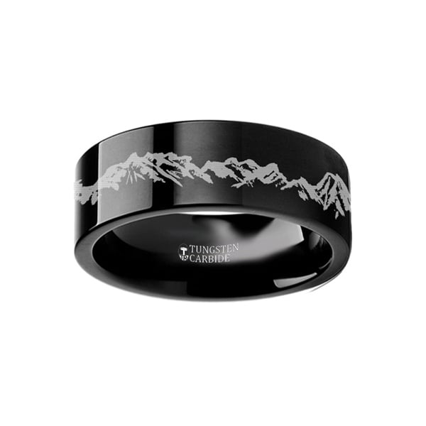 THORSTEN - Peaks Mountain Range Outdoors Landscape Ring Engraved Flat Black Tungsten Ring - 6mm