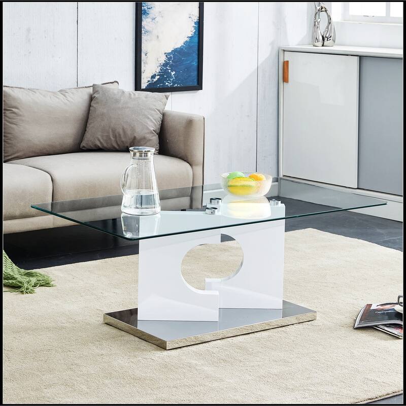 Rectangular Coffee Table with Tempered Glass Tabletop and White MDF Legs - White