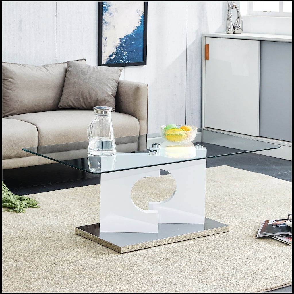 Rectangular Coffee Table with Tempered Glass Tabletop and White MDF Legs