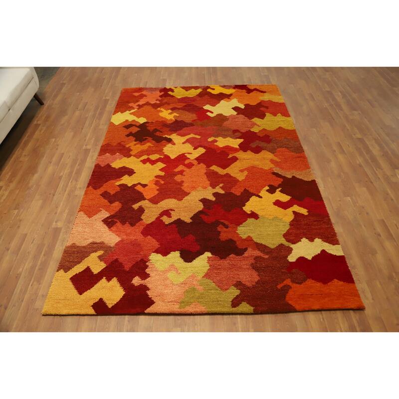 Hand Knotted Oriental 100% Wool Carpet Modern Geometric Oranges & Rust Gabbeh Area Rug - 9' 7'' X 6' 4''