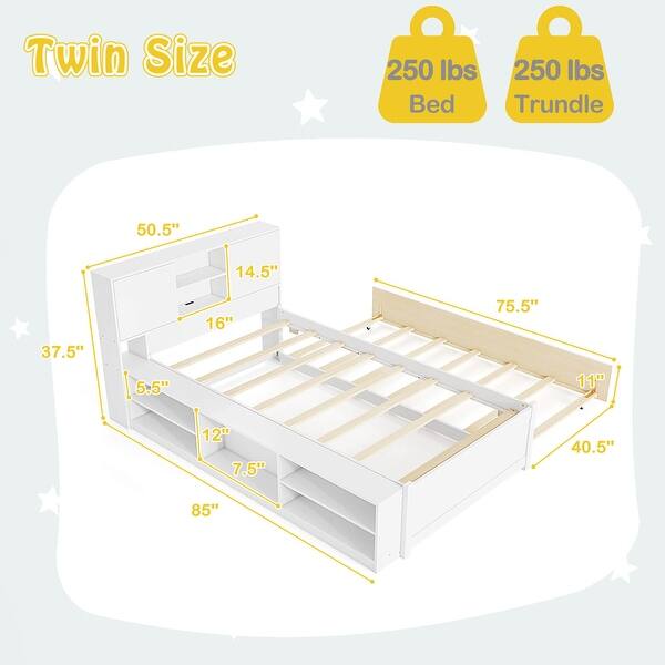 Twin Size Bed Frame Wooden Platform Bed w/ Trundle & Charging Station