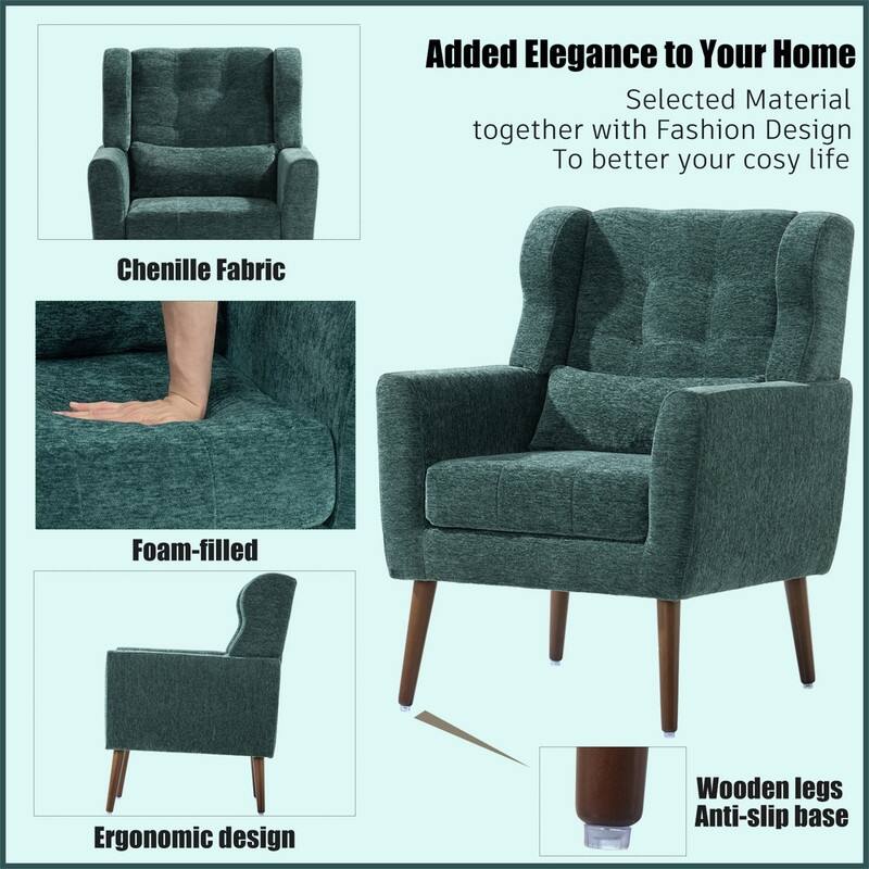 Modern Chenille Upholstered Armchair with Pillow and Solid Wood Leg