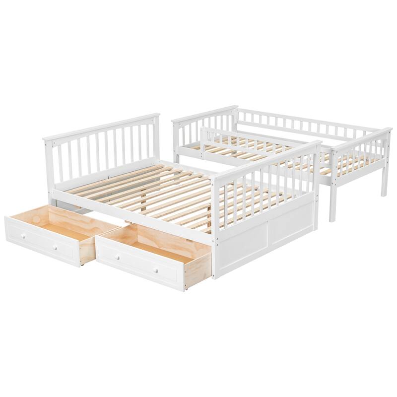 Wooden Storage Bunk Bed Frame with Fence-shaped Guardrails and Pull-out Drawers, Convertible 2 Platform Beds, Detachable Design