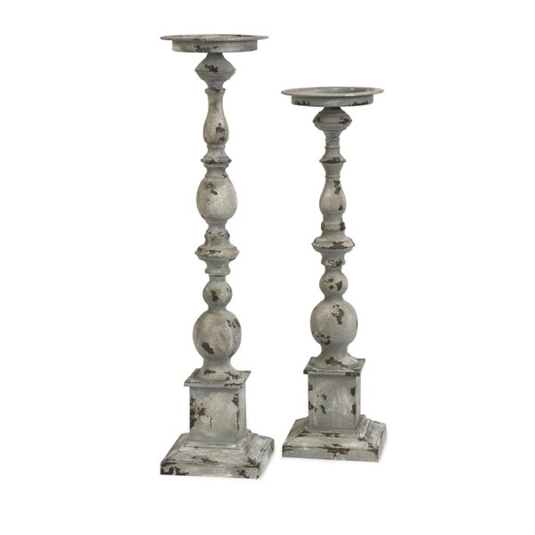 Set of 2 Distressed Finial Pedestal Pillar Candle Holders - N/A