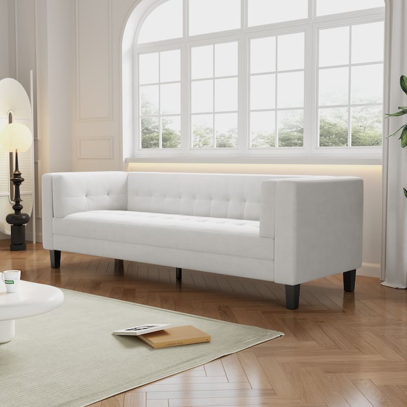 Ivory Velvet Button Tufted 3-seater Sofa with Hardwood Frame