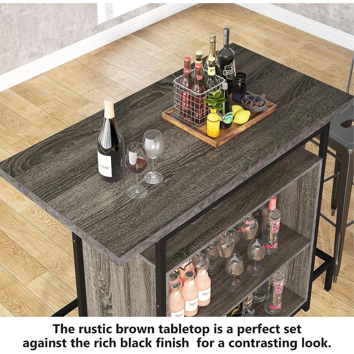 Home Bar Unit, Industrial 3-Tier Liquor Bar Table with Glasses