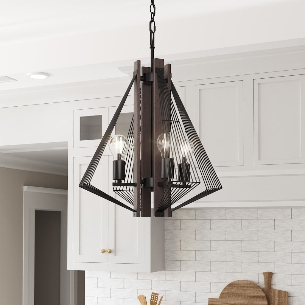 Brio Lighting Zenith Black & Wood Modern 4 Light Pendant Light