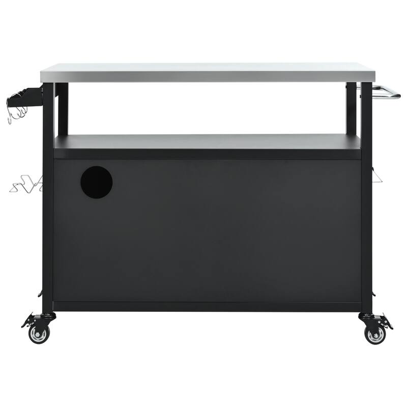 Metal Kitchen Island with Stainless Steel Tabletop, Rolling Spice Storage Cabinet w/Towel Rack and 4 Lockable Wheels for Kitchen