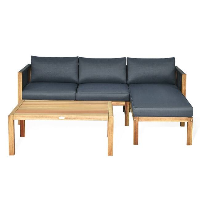 3 Piece Patio Acacia Sofa Set with Nylon Armrest - 52" x 26" x 25"(L x W x H)