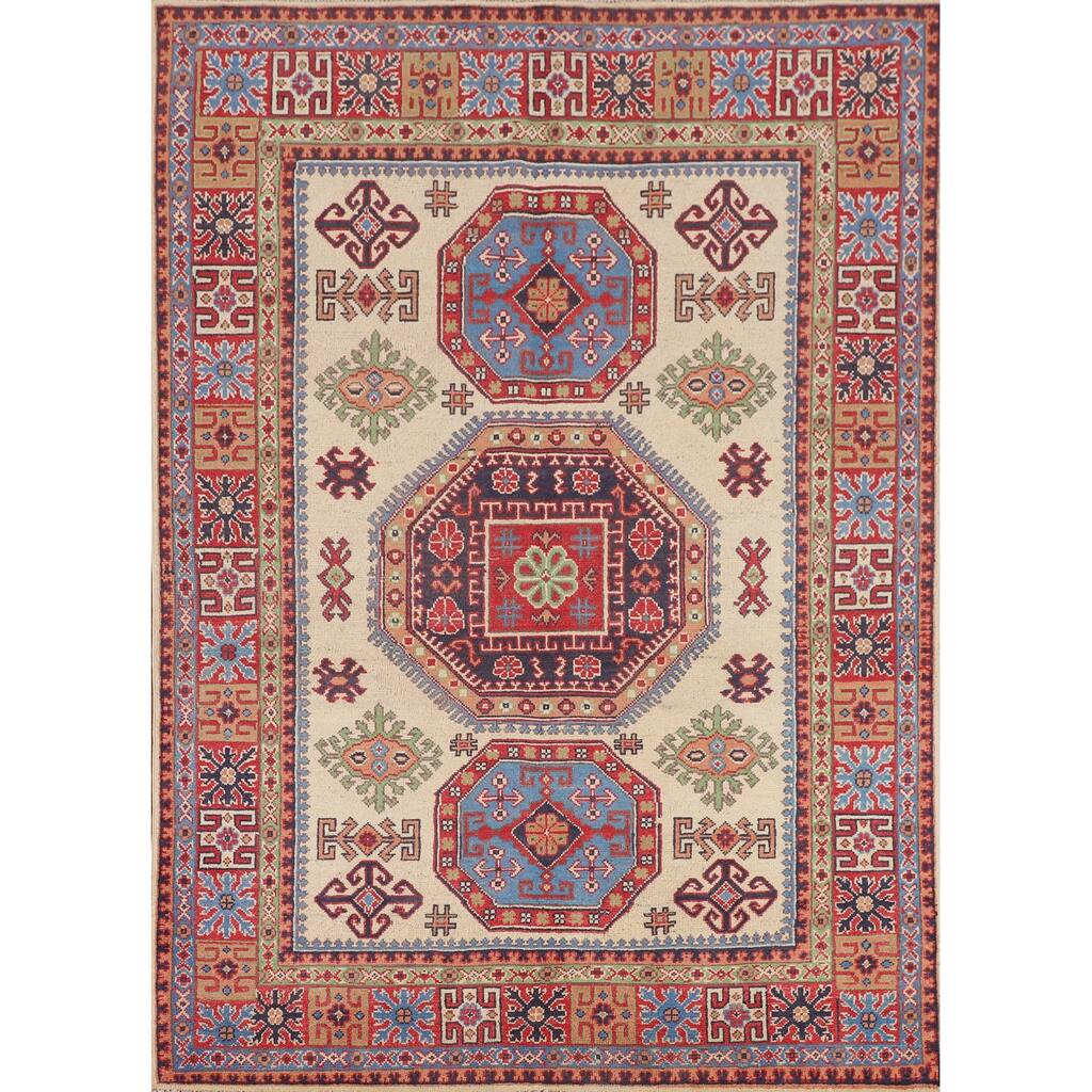 Traditional Beige Kazak Area Rug Handmade Oriental Wool Carpet - 4'11" x 6'7"
