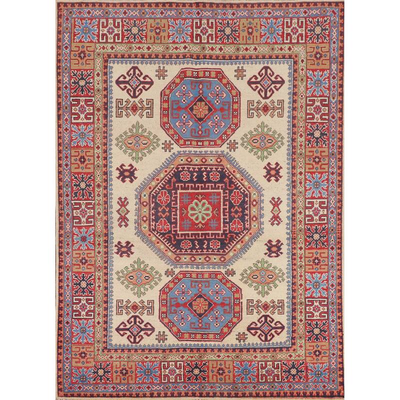 Traditional Beige Kazak Area Rug Handmade Oriental Wool Carpet - 4'11" x 6'7"