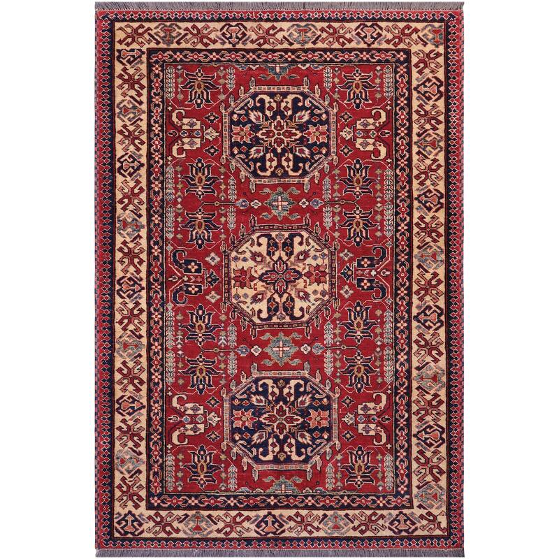 Tribal Super Kazak Nikolai Red/Tan Hand Knotted Wool Rug - 4'3'' x 5'8''
