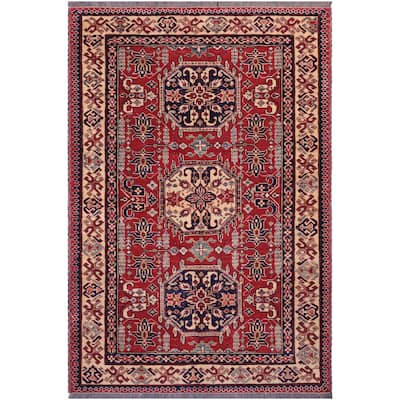 Tribal Super Kazak Nikolai Red/Tan Hand Knotted Wool Rug - 4'3'' x 5'8''
