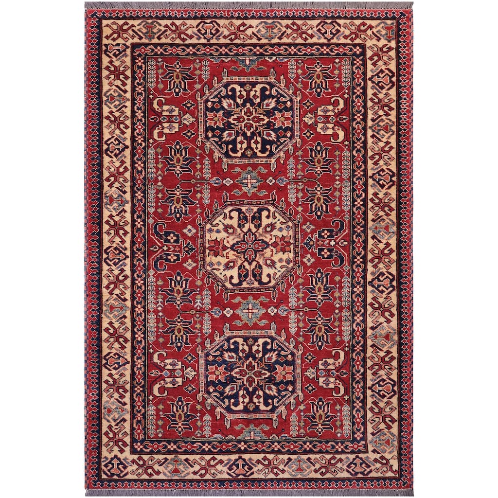 Tribal Super Kazak Nikolai Red/Tan Hand Knotted Wool Rug - 4'3'' x 5'8''