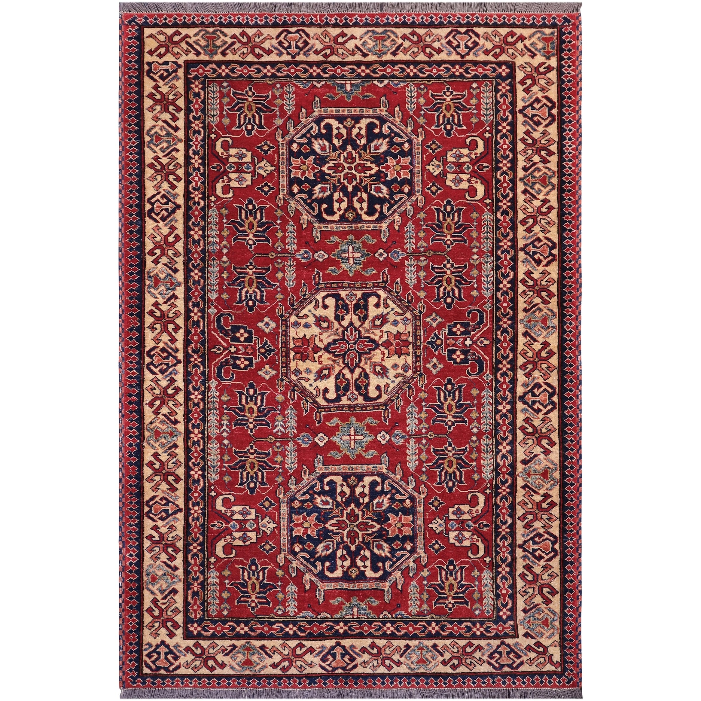 Tribal Super Kazak Nikolai Red/Tan Hand Knotted Wool Rug - 4'3'' x 5'8''