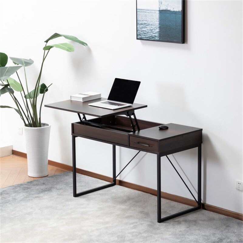 Dark Brown Wood Lift Top Desk with Hidden Storage and Drawer Bed