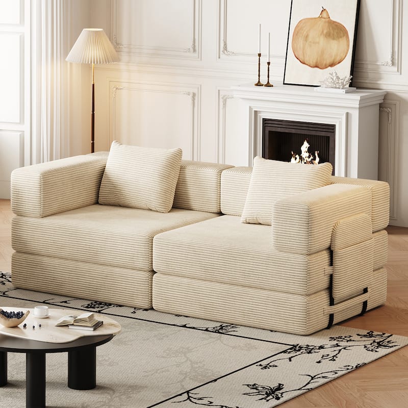 Folding Loveseat Sofa Convertible Sleeper Sofa Bed, Floor Standing Couch Bed Corduroy Floor Mats with Side Pockets and Pillows