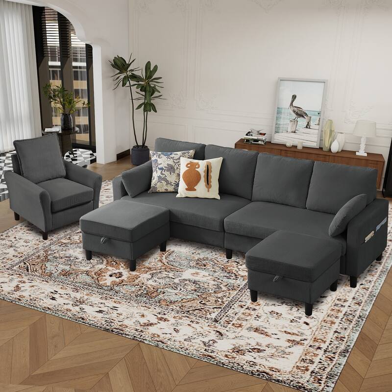 101"Corduroy 3 Piece Living Room Set Including 4 Seater Sofa ,2 Storage Ottoman and Chair