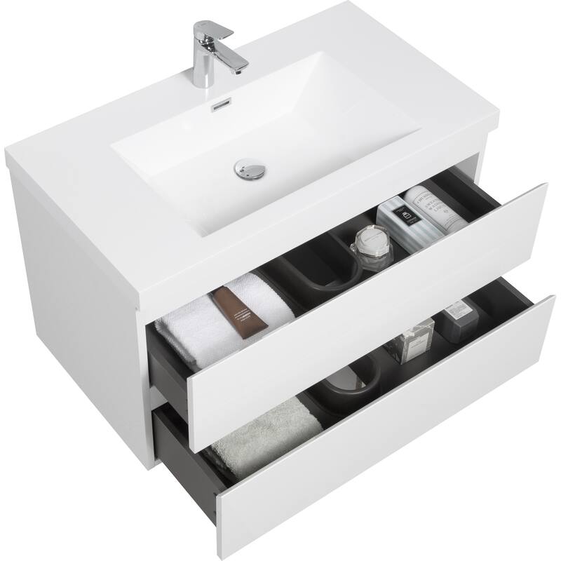 35.5-Inch Floating Bathroom Vanity with Glossy Resin Sink, Ash Grey Color, Wall-Mounted Design, 2 Drawers