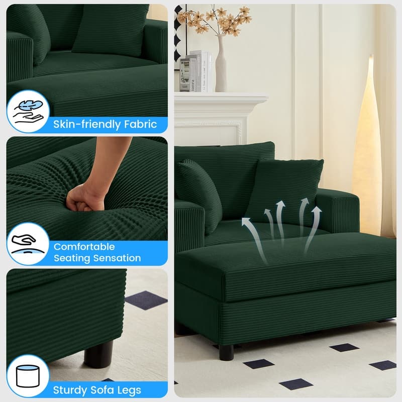 Mixoy Corduroy Chaise Lounge Deep Seat Sleeper Sofa Chair with Storage Ottoman,Upholstered 1-Seater/Loveseat Sofa Couch