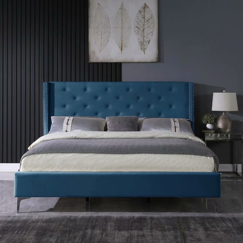 King-sized Velvet Platform Bed Frame - Blue