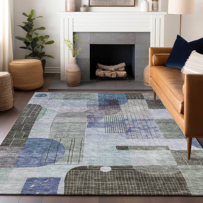 Machine Washable Indoor/ Outdoor Abstract Contemporary Chantille Rug - Blue - 5' x 7'6"