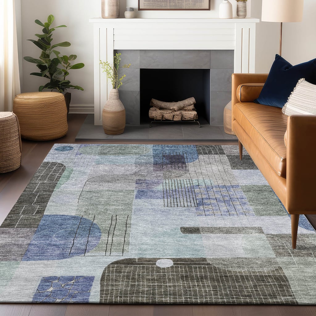 Machine Washable Indoor/ Outdoor Abstract Contemporary Chantille Rug