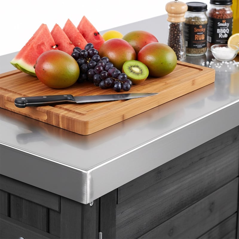 78.3" Outdoor Kitchen Island with Foldable Grill Table, Wooden Outdoor Grill Cart with Trash Can Storage & Stainless Steel Top