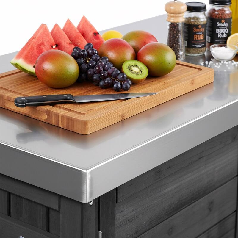 78.3 Inch Outdoor Grill Cart with Foldable Table Fir Wood Stainless Steel Top