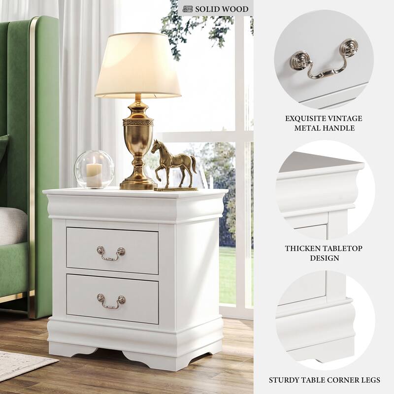 Rossetta Transitional Antique Elegant Style 2-Drawer Nightstand with Solid Wood Legs and Smooth Glides