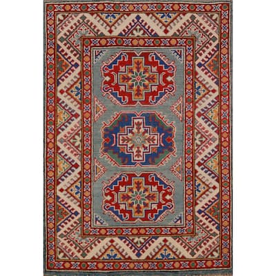 Geometric Kazak Foyer Rug Blue Traditional Handmade Wool Carpet - 2'9"x 3'11"