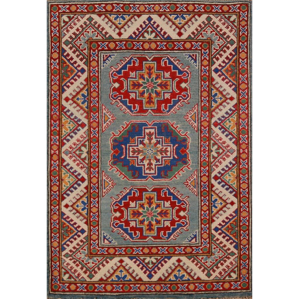 Geometric Kazak Foyer Rug Blue Traditional Handmade Wool Carpet - 2'9"x 3'11"