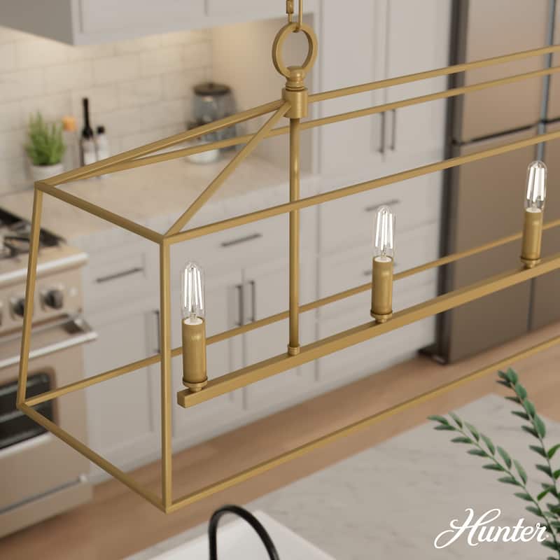 Hunter Fair Oaks 4-Light Linear Chandelier - Dining Room, Island - Modern, Transitional, Lantern, Geometric - Designer! - Luxe Gold
