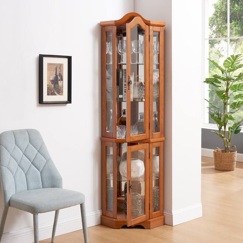 Lighted Corner Curio Cabinet, Freestanding Glass Display Cabinet, Wooden China Cabinet with Tempered Glass Doors & Shelves