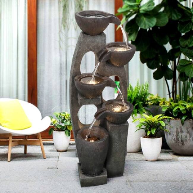 5-Tier Outdoor Water Fountain - Modern Resin Floor-Standing Fountain with Warm LED Illuminated Waterfall for Patio Garden