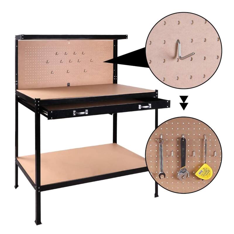Steel Tool Storage Workbench, Hardwood Tools Table Workstation with Drawer, Peg Board for Workshop, Home
