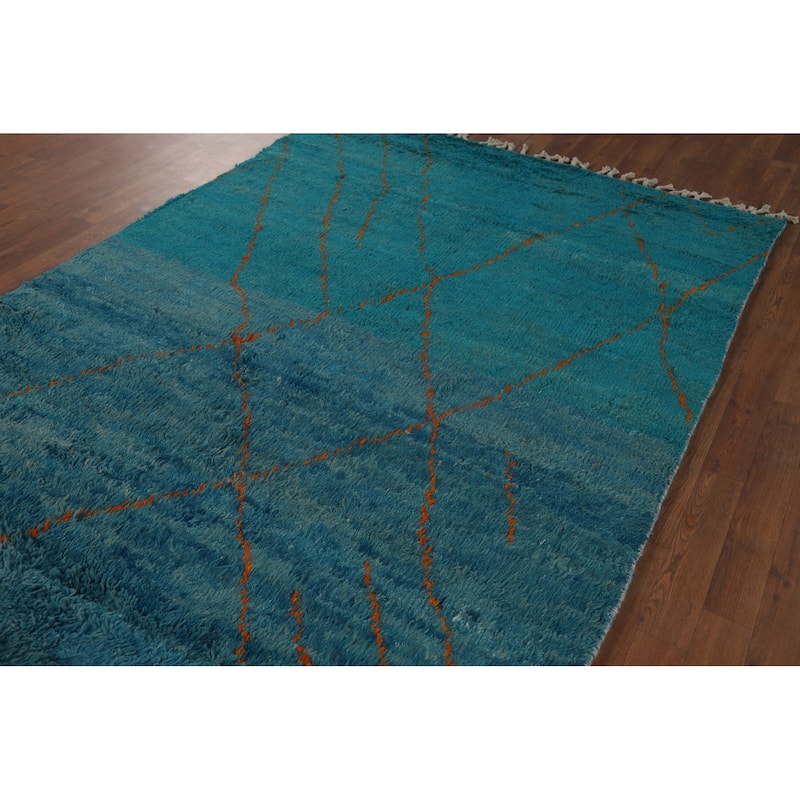 Blue Moroccan Oriental Area Rug Hand-Knotted Trellis Wool Carpet - 5'0" x 8'0"