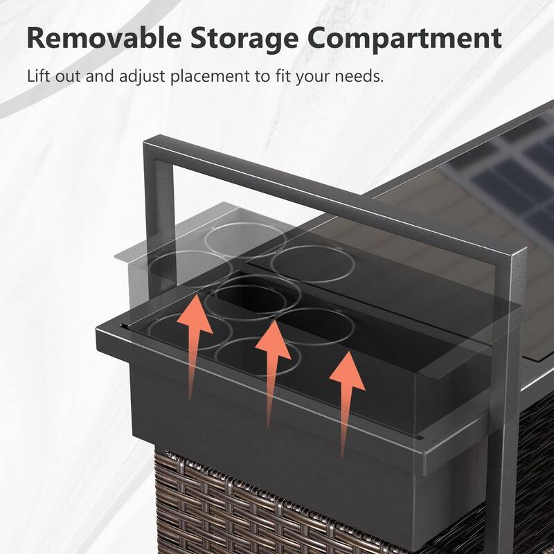 Outdoor 49.2" PE Wicker Bar Cart with Cabinet Patio Serving Cart with Tempered Glass Top