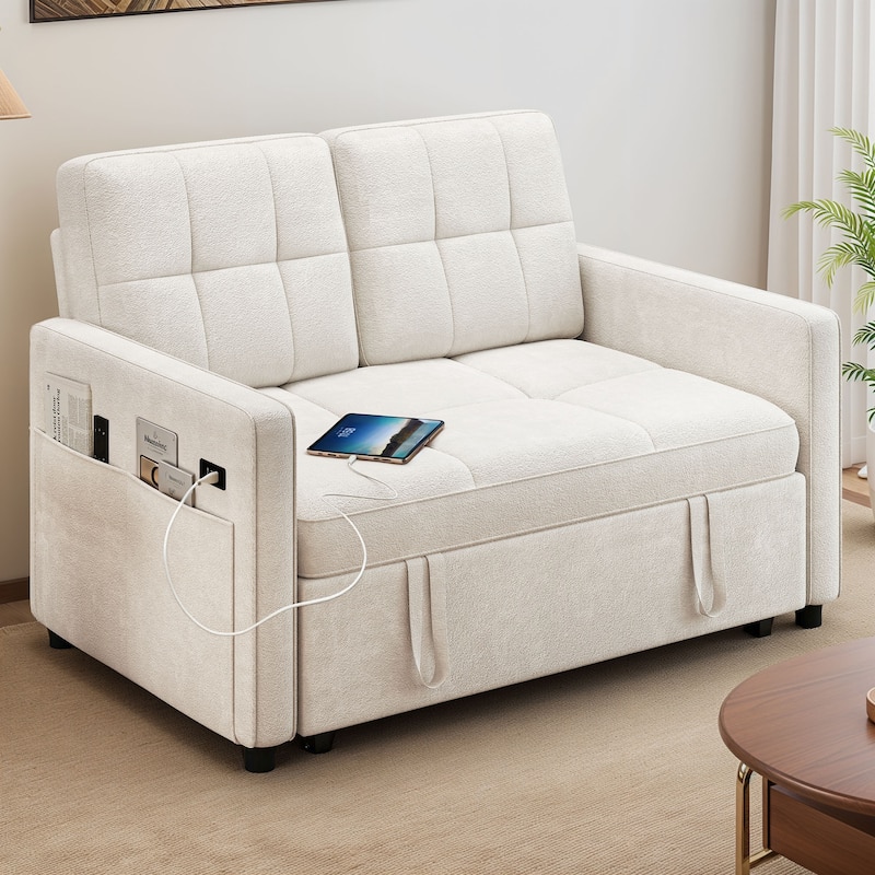 3-in-1 Multi-Functional Sleeper Sofa with Iron Frame Pull-Out Bed Loveseat and USB Port for Living Room or Small Space - Beige