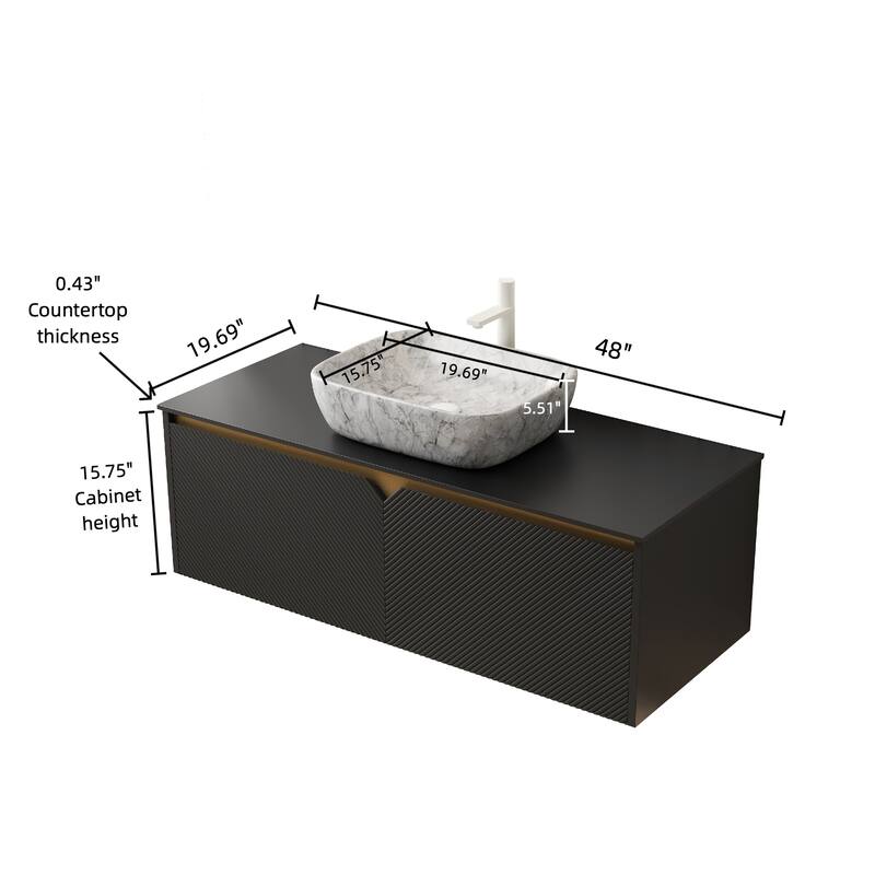 30"/36"/48" Floating Bathroom Vanity with Vessel Sink, Wall Mounted Sintered Stone Countertop Bathroom Storage Cabinet