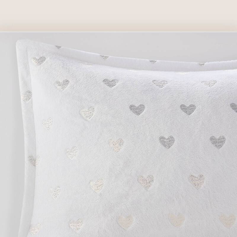 4 PCS Full/Queen Metallic Printed Plush Comforter Set with Throw Pillow White/Gold