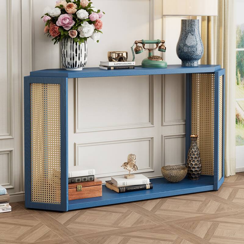 Arrow-Shaped Design Console Table Entryway Table with Open Shelf, Rattan Sofa Table Accent Table for Living Room Hallway
