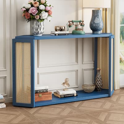 Arrow-Shaped Design Narrow Entryway Console Table with Open Shelf, Woven Rattan Accent Table Sofa Table for Living Room Hallway