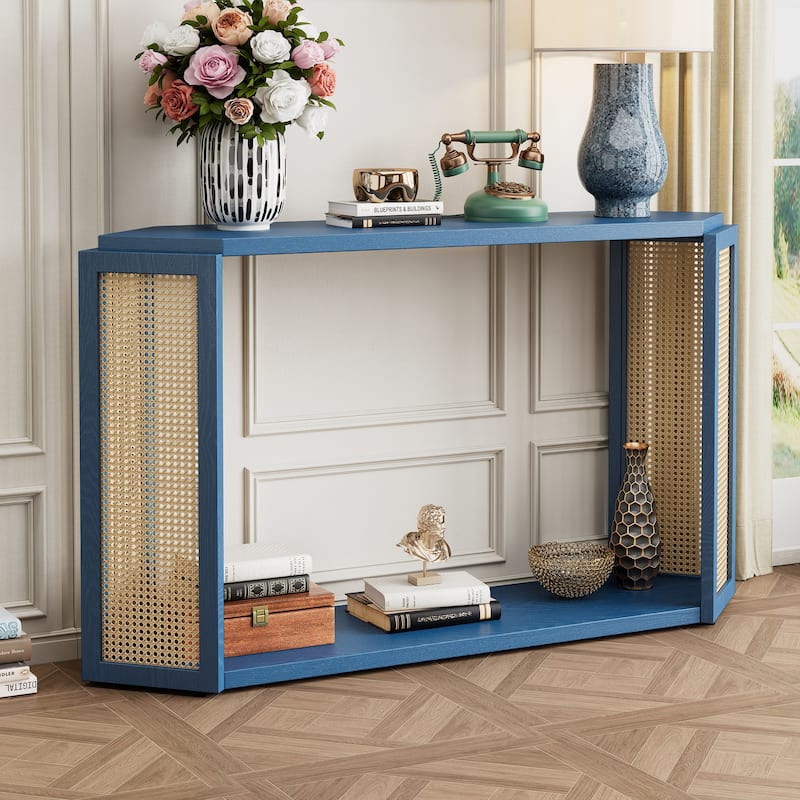 Narrow Console Table with Hexagon Top Design and Rattan Accent, 53.54" Solid Wood Entryway Sofa Table with Open Bottom Shelf